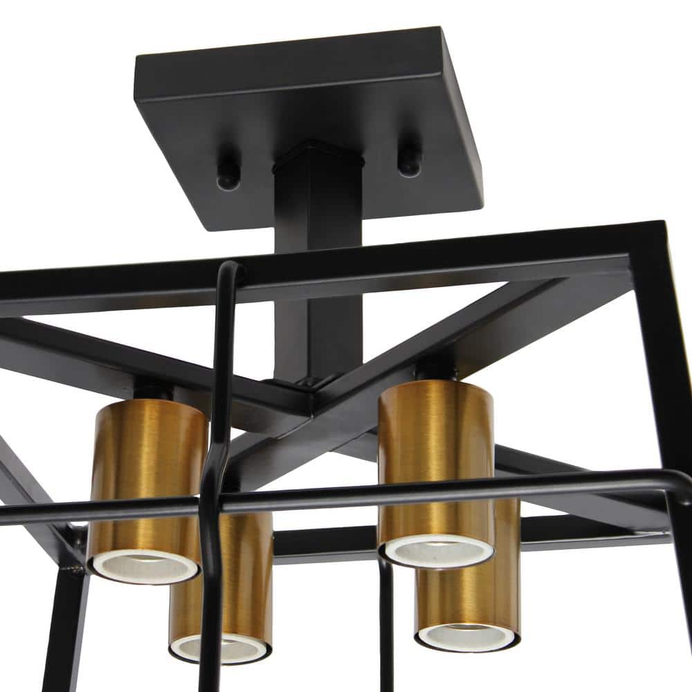 12.4 in. 4-Light Black Semi Flush Mount Fixture Industrial Farmhouse Caged Square Metal Frame Ceiling - Hercitys