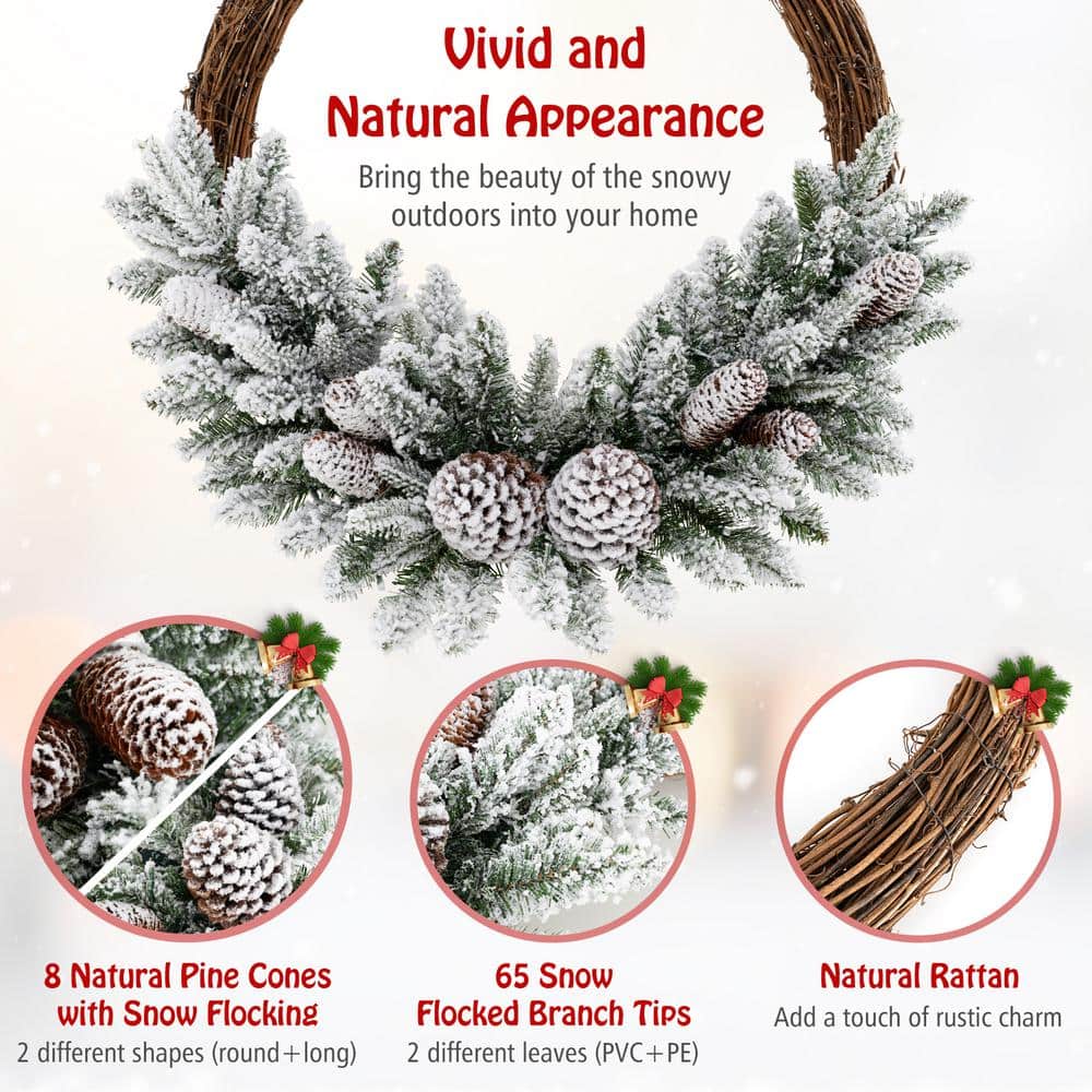 24 in. White Snow Flocked Pre-Lit LED Artificial Christmas Wreath with Pine Cones - Hercitys