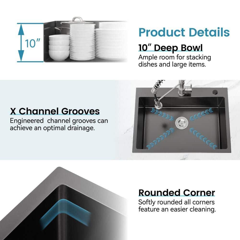 23 in. Drop-In Overmount Handmade Single Bowl Black Stainless Steel Kitchen Sink with Drain - Hercitys