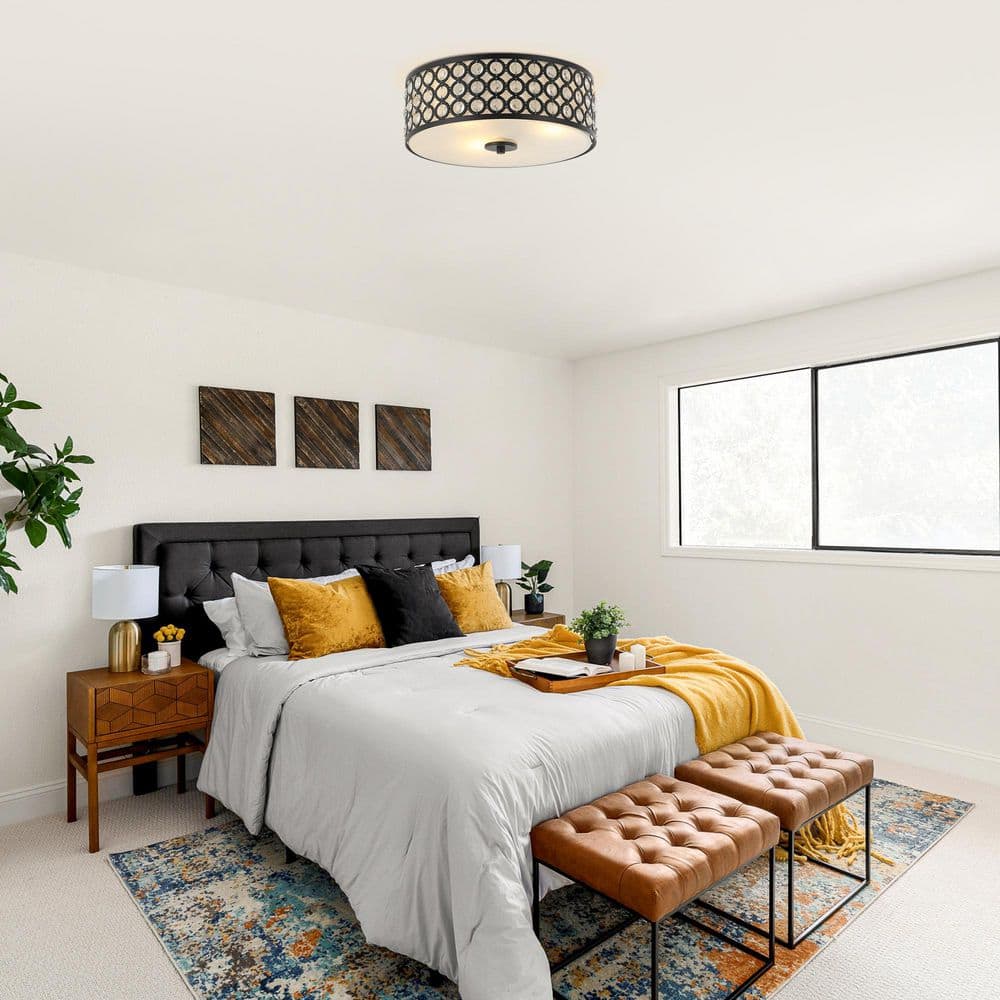 14 in. 3-Light Black Drum Flush Mount Crystal Ceiling Light with Clear Inner Shade - Hercitys