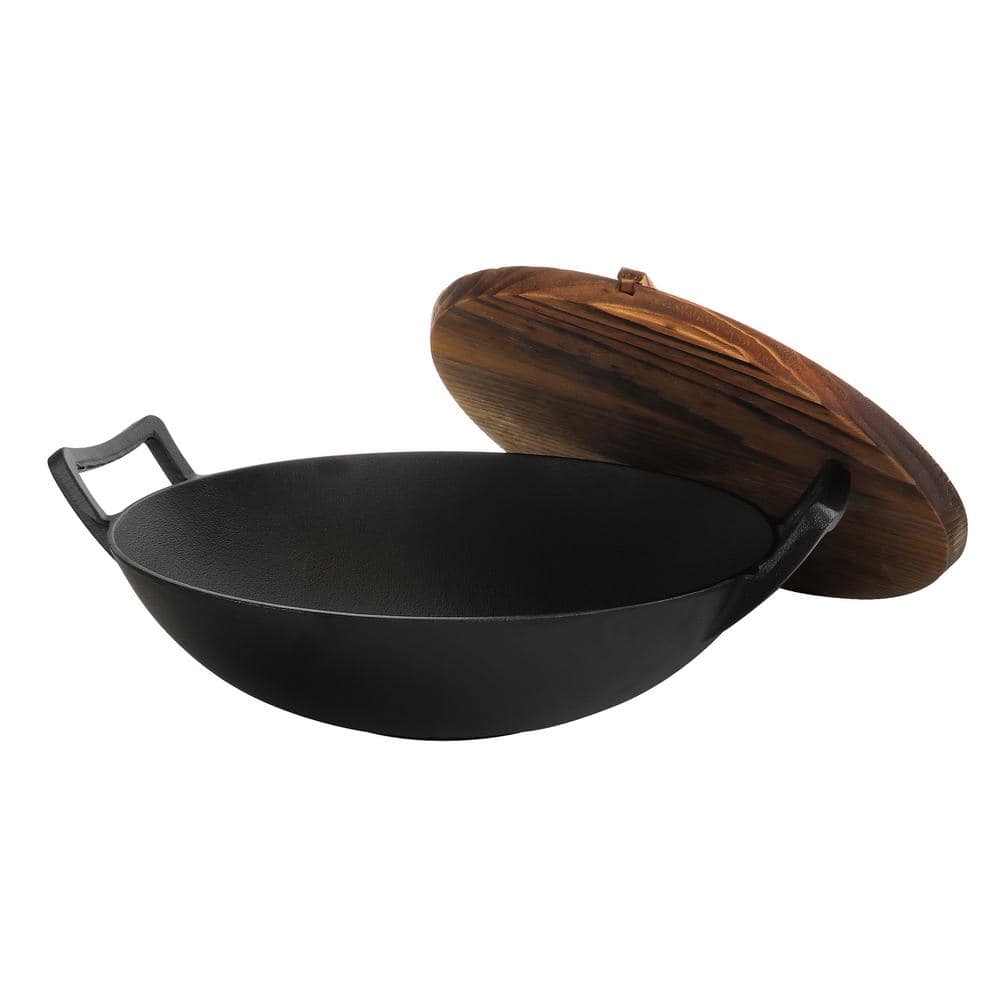 14 in. Heavy Duty Cast Iron Wok with Wood Lid - Hercitys