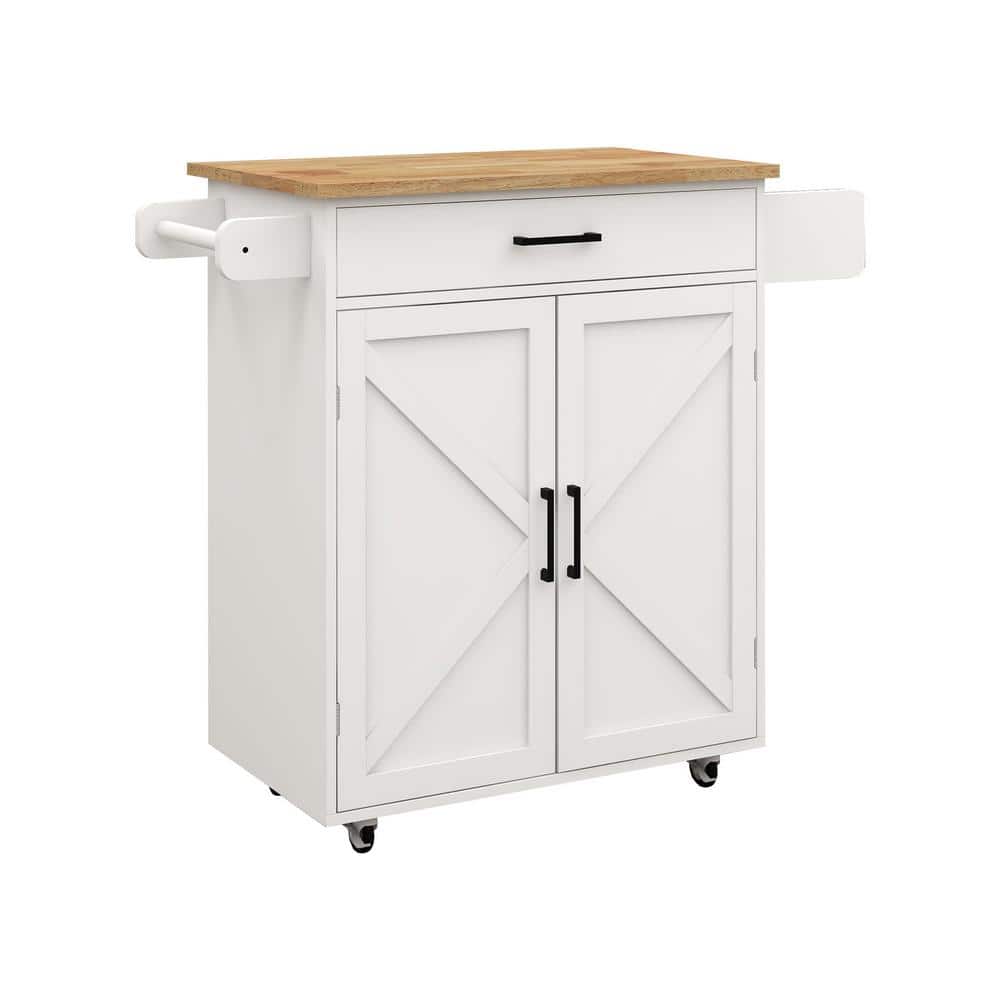 37.99 In. White Wood Kitchen Cart with Adjustable Shelves and Towel Rack Rubber Wood Table Top - Hercitys