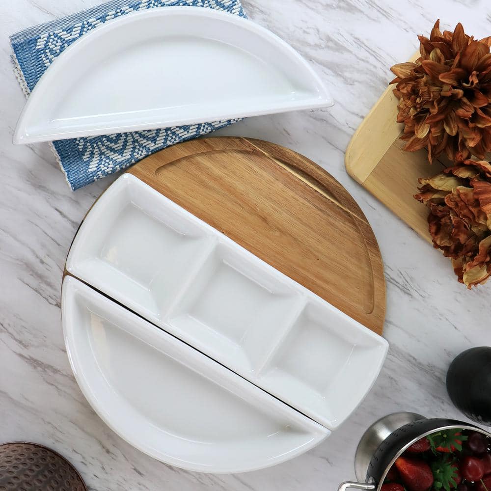 14.4 in. L x 14.4 in. W x 2 in. H 3-Compartment White Gracious Dining Sectional Tray with Wood Base (Set of 4) - Hercitys