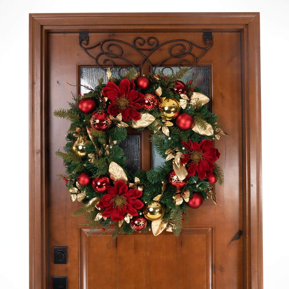 30 in. Green Battery Operated Prelit LED Artificial Christmas Wreath with Golden Leaf Red Magnolia - Hercitys