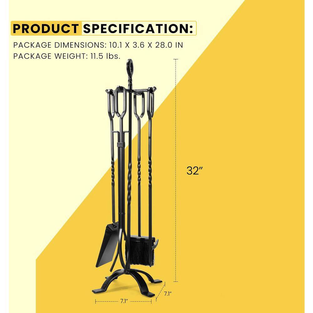 5-Piece Wrought Iron Fireplace Tool Set with Poker, Grabber, Broom, Shovel - Hercitys