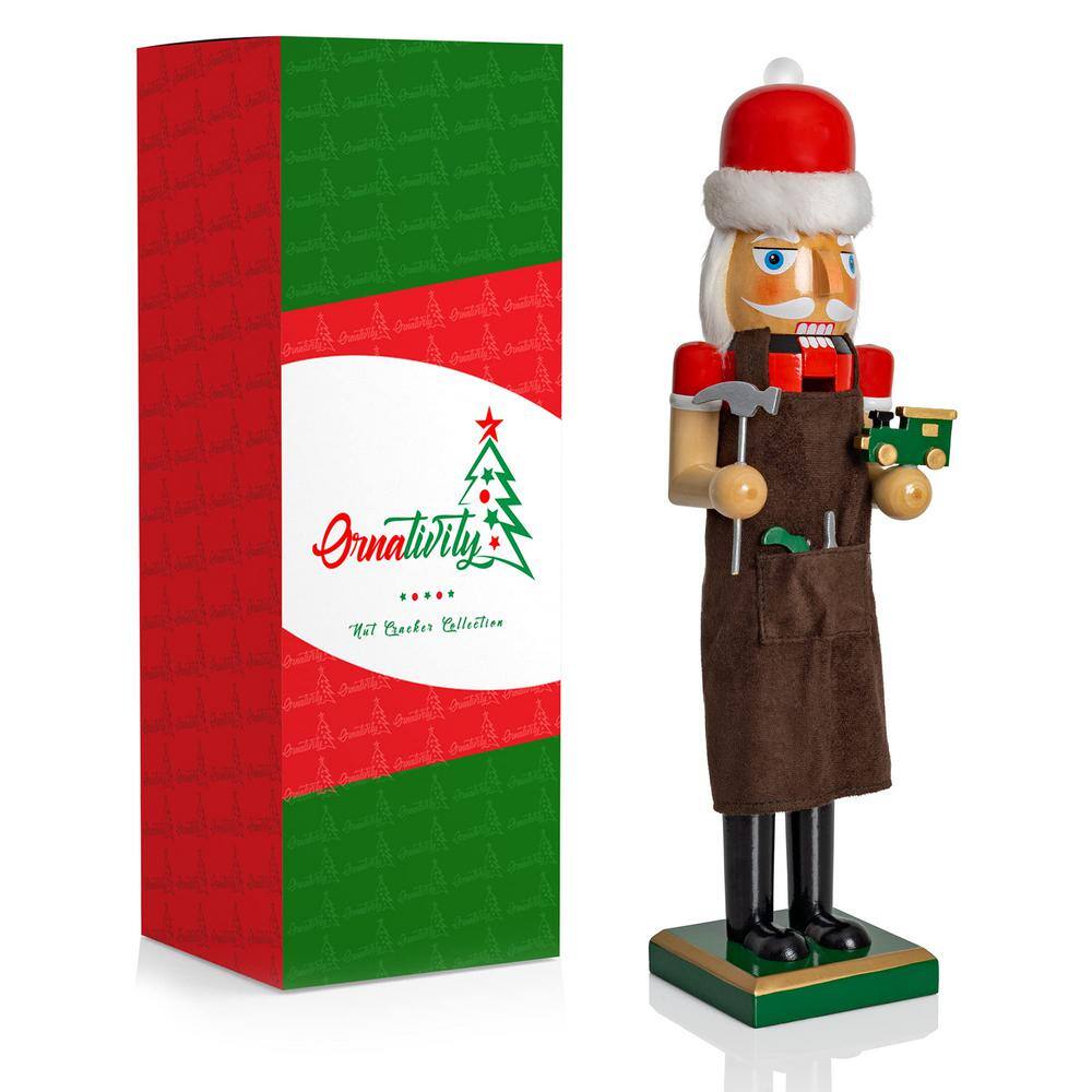 15 in. Wooden Christmas Toy Maker Nutcracker-Red and Green Wood Nutcracker with Brown Apron, Toy Car and Hammer-Holiday - Hercitys