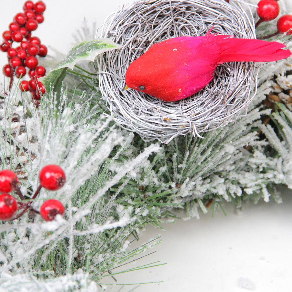 24 in. Berries and Red Cardinals in Nests Flocked Unlit Artificial Christmas Wreath - Hercitys