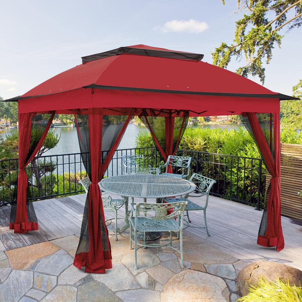 11 ft. x 11 ft. Red Steel Pop-Up Gazebo with Mosquito Netting - Hercitys