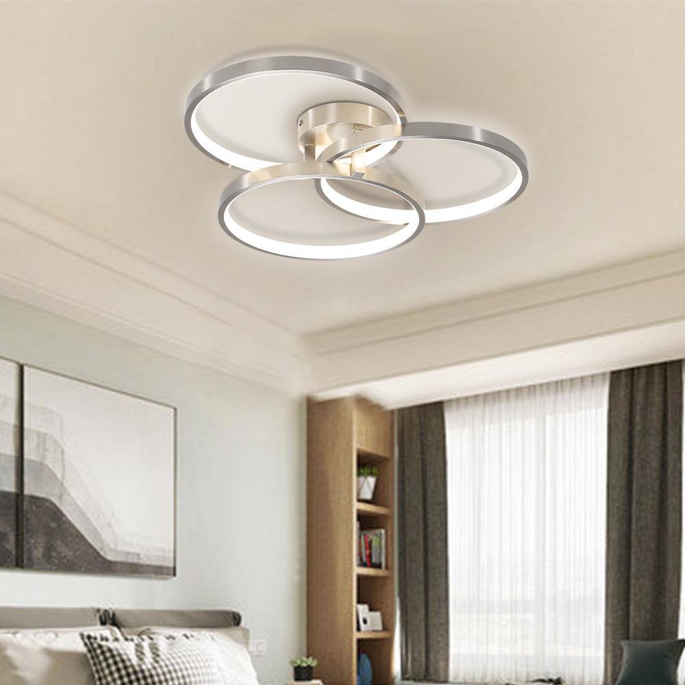 19.69 in. 3-Light Integrated LED Chrome Luxurious Nordic Semi-Flush Mount with Inner Ring Chandelier for Bed Dining Room - Hercitys