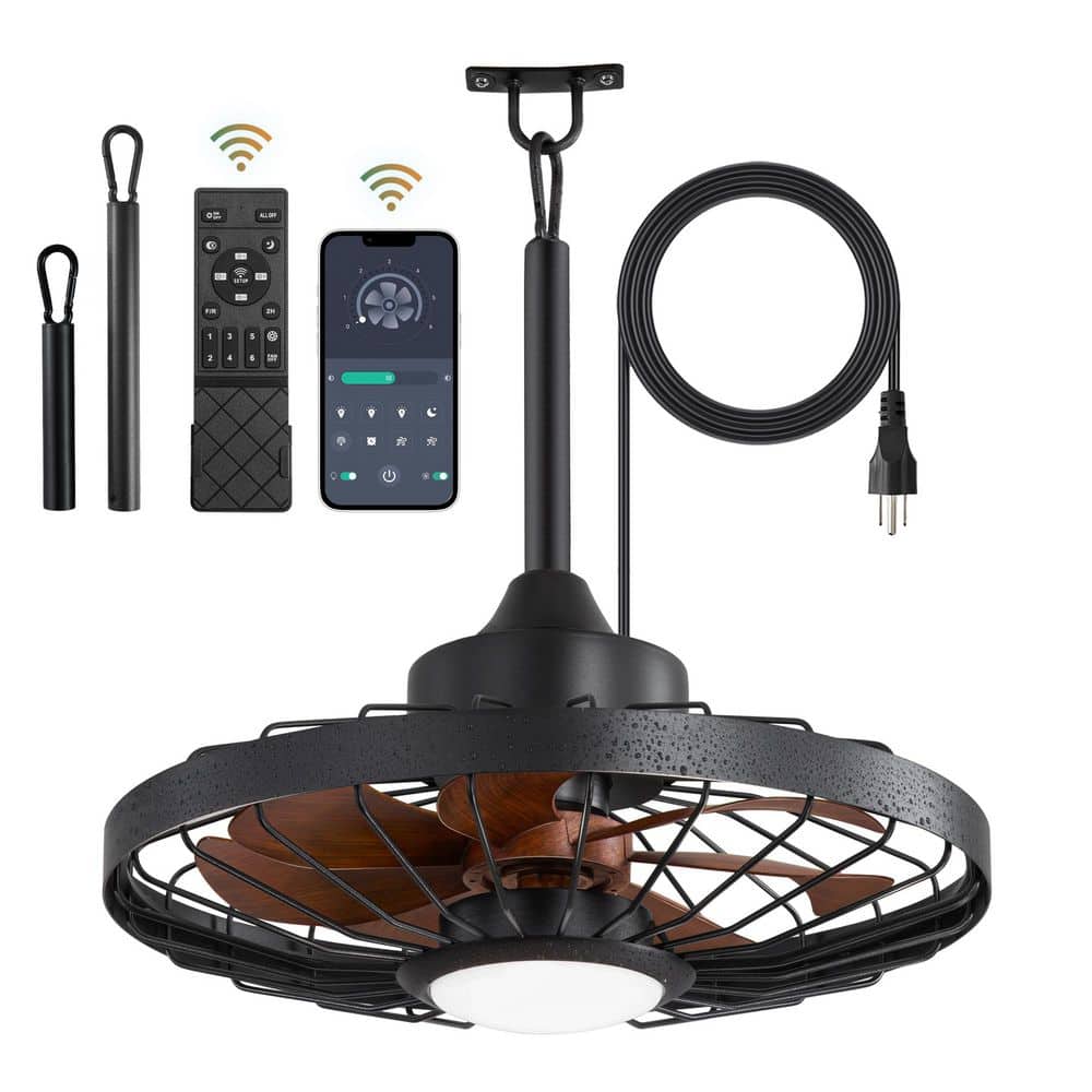 20 in. Outdoor Black Ceiling Fan with lights, IP65 Waterproof Hanging Fan with Remote Control Smart App for Patio Porch - Hercitys