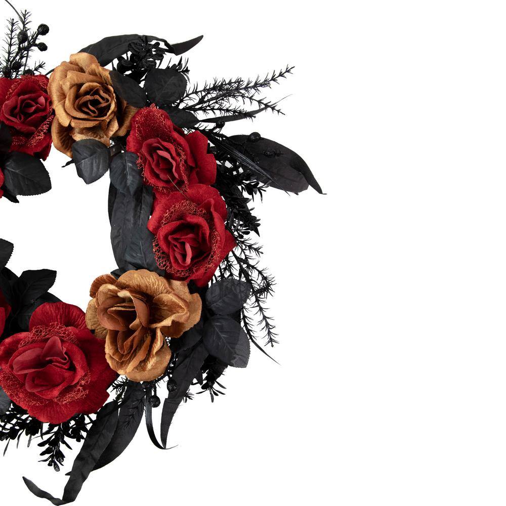 22- Inch Red and Gold Roses with Black Foliage Unlit Halloween Wreath - Hercitys