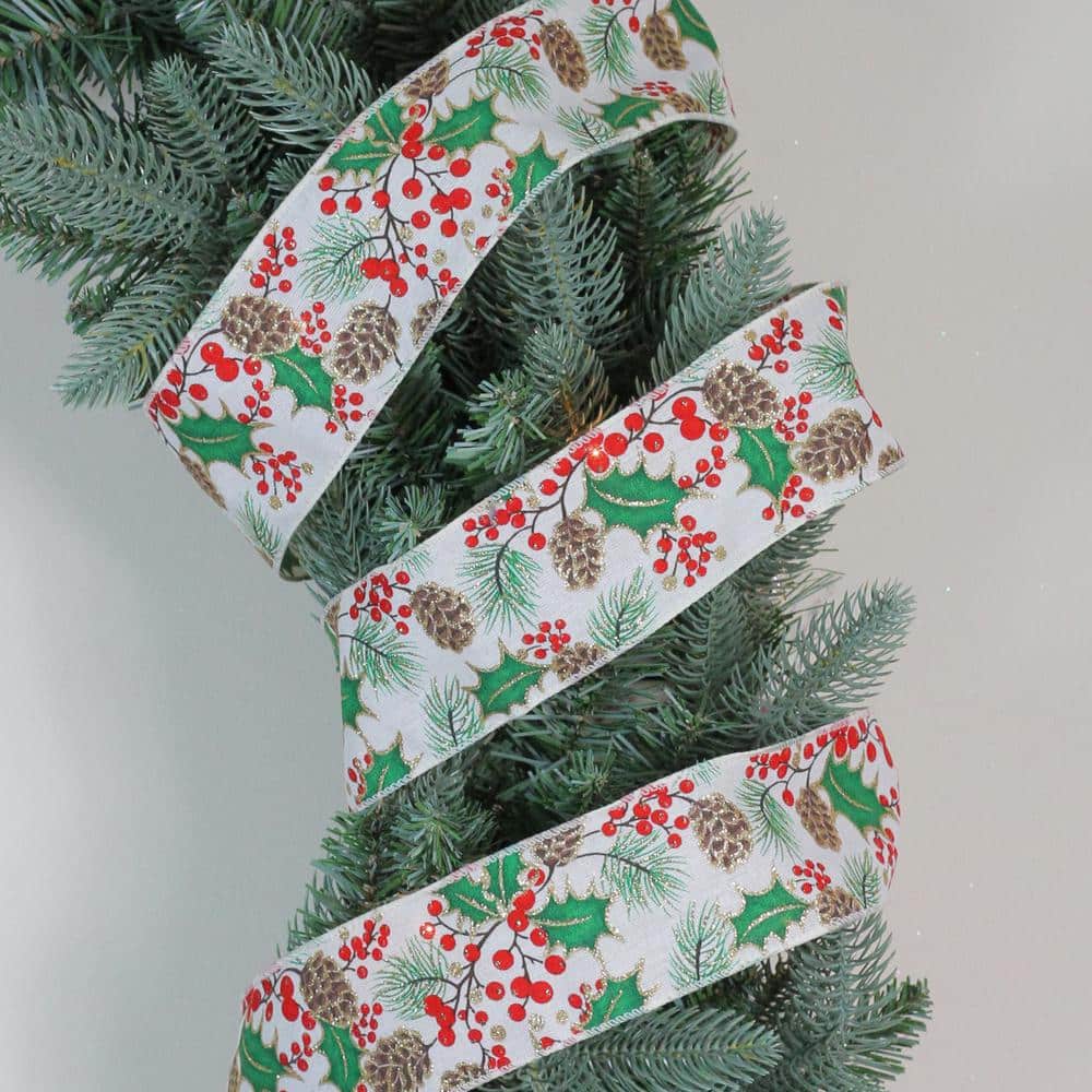 2.5 in. x 16 yds. Glitter Holly Berries and Pinecones Cream Wired Ribbon - Hercitys