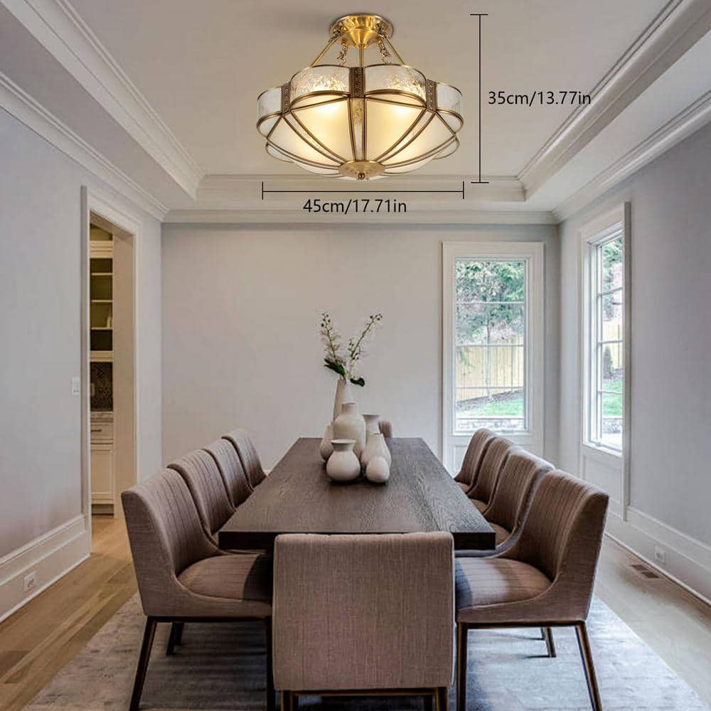 17.71 in. 4-Light Gold Retro Flower-Shaped Semi-Flush Mount Ceiling Light with Glass Shade, No Bulbs Included - Hercitys