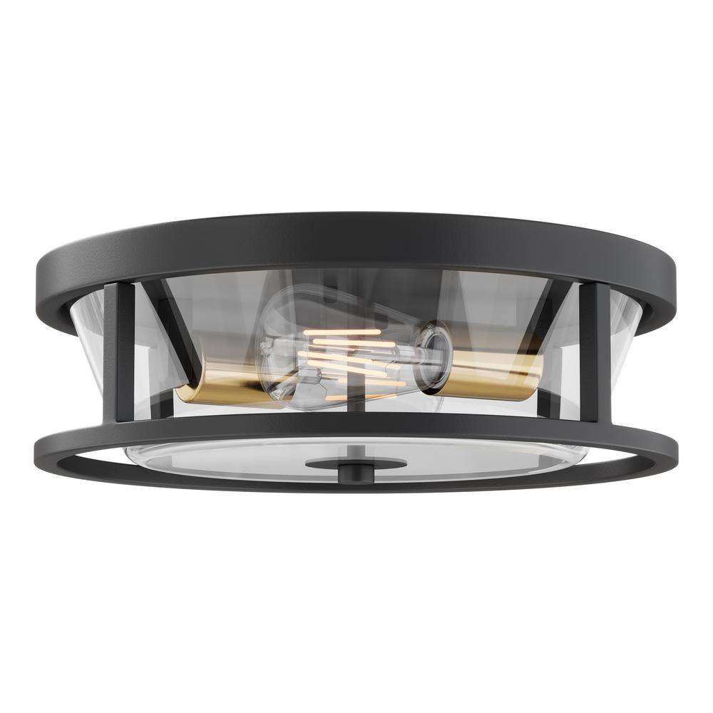 13 in. 2-Light Industrial Black Flush Mount Ceiling Light Fixture with Glass Shade - Hercitys