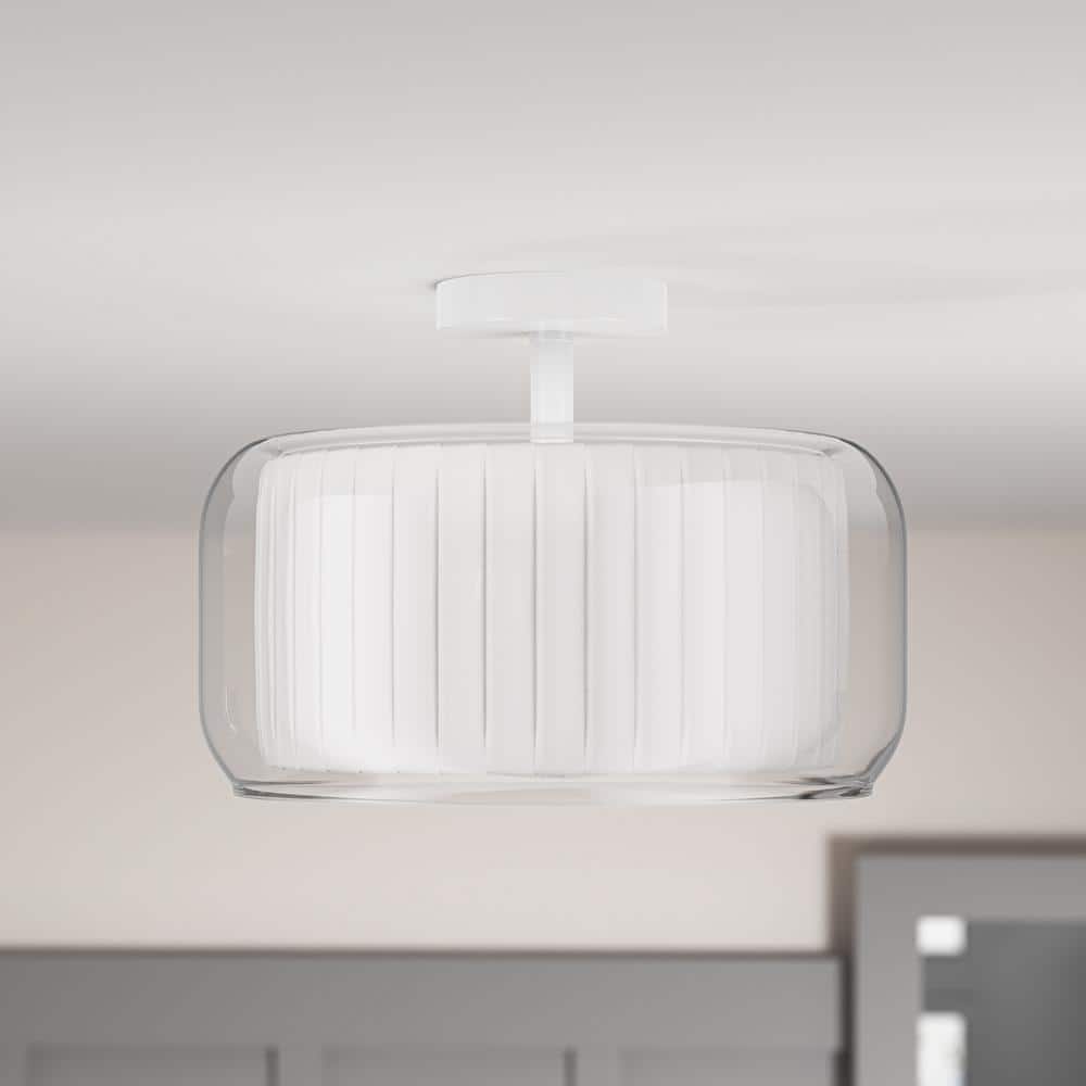 14.96 in. 3-Light White Semi Flush Mount Drum Light Modern Close to Ceiling Lamps with Double Fabric and Glass Shade - Hercitys