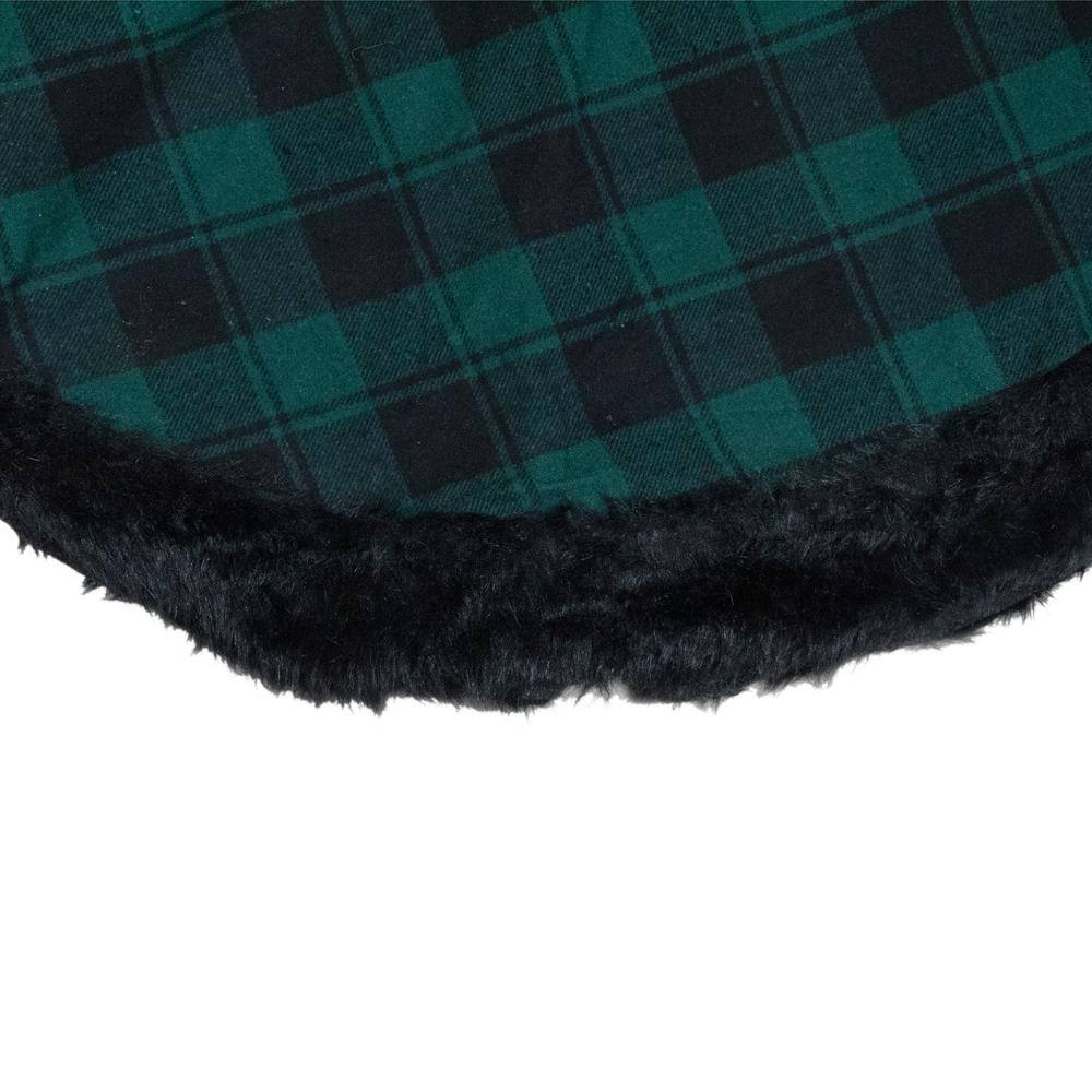 48 in. Green and Black Plaid Christmas Tree Skirt with Faux Fur - Hercitys