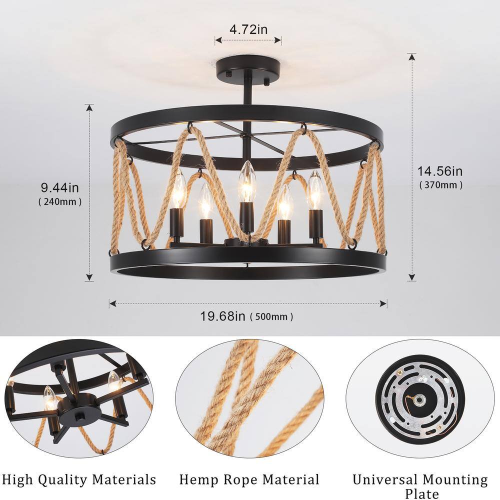 19.68 in. 5-Light Black Drum Metal Hemp Rope Semi-Flush Mount Light，No Bulbs Included - Hercitys