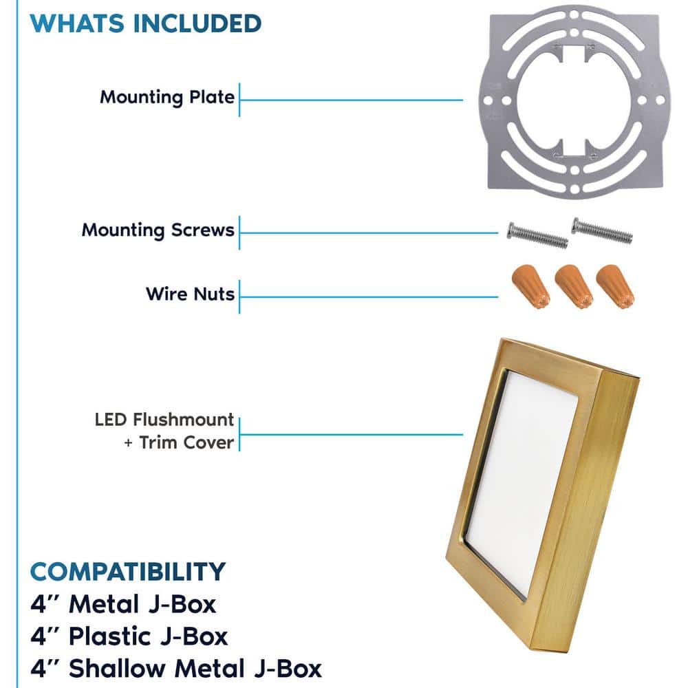 4 in. Square Brass Modern Flush Mount Ceiling Light LED Integrated 10-Watt 600LM 5CCT 2700K-5000K Dimmable (4-Pack) - Hercitys