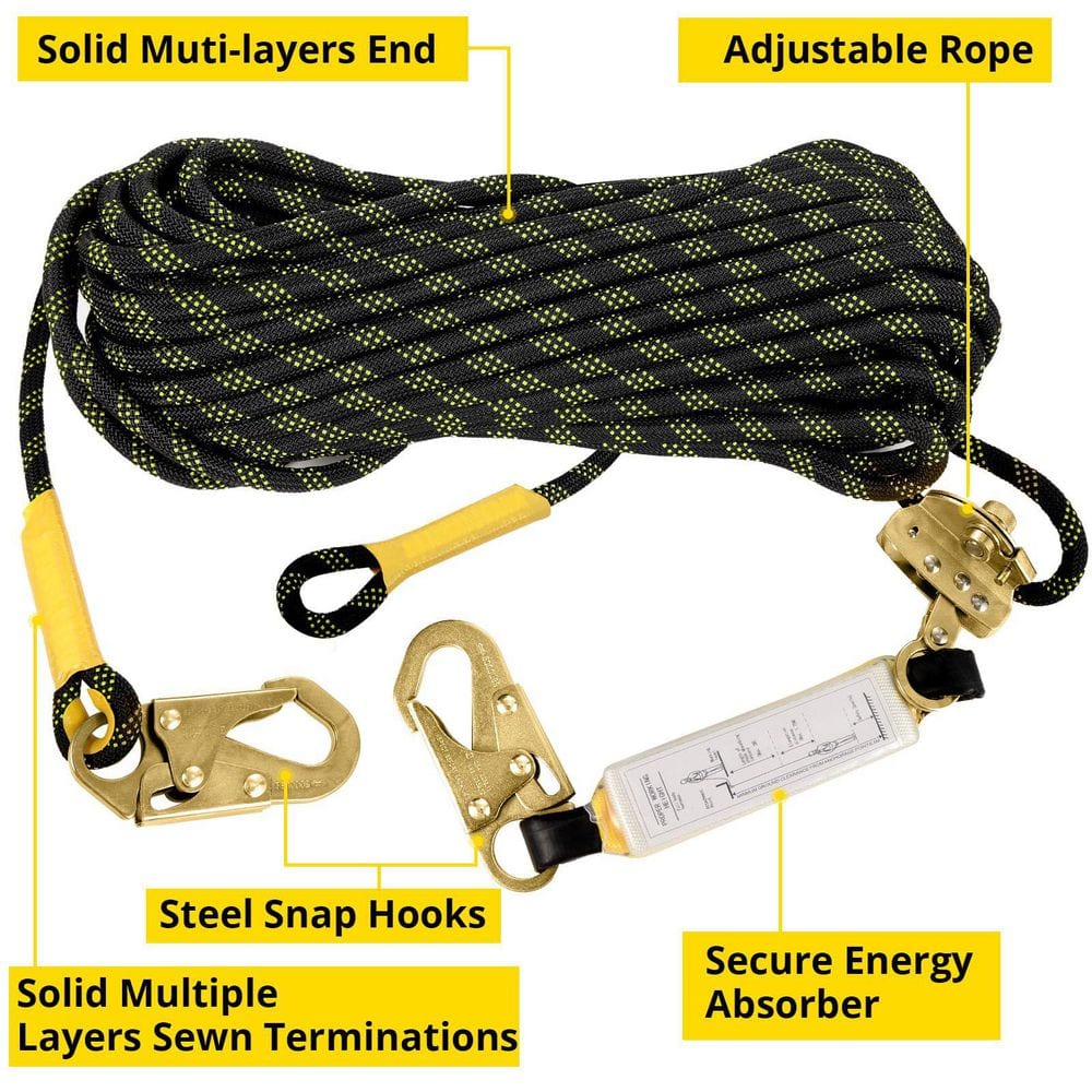 25 ft. Vertical Roofing Rope Harness Safety Lanyard, with Grab Snap Hooks Shock Absorber for Fall Protection (1-Pack) - Hercitys
