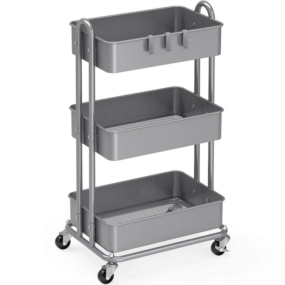 3-Tier Metal -Wheeled Utility Cart in Silver - Hercitys
