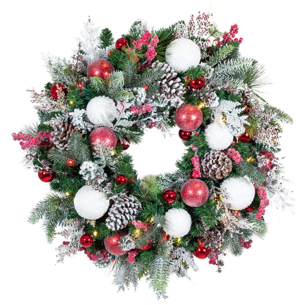 30 in. Artificial Pre-Lit LED Frosted Wonderland Wreath - Hercitys