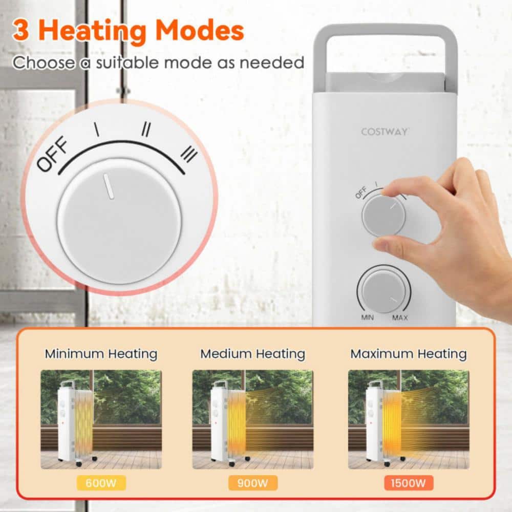 1500-Watt Oil Filled Space Heater ETL/UL Certificated Radiant Space Heater with 4 Wheels, 3-Level Heat, Foldable Handle - Hercitys