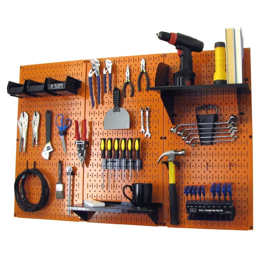 32 in. x 48 in. Metal Pegboard Standard Tool Storage Kit with Orange Pegboard and Black Peg Accessories - Hercitys