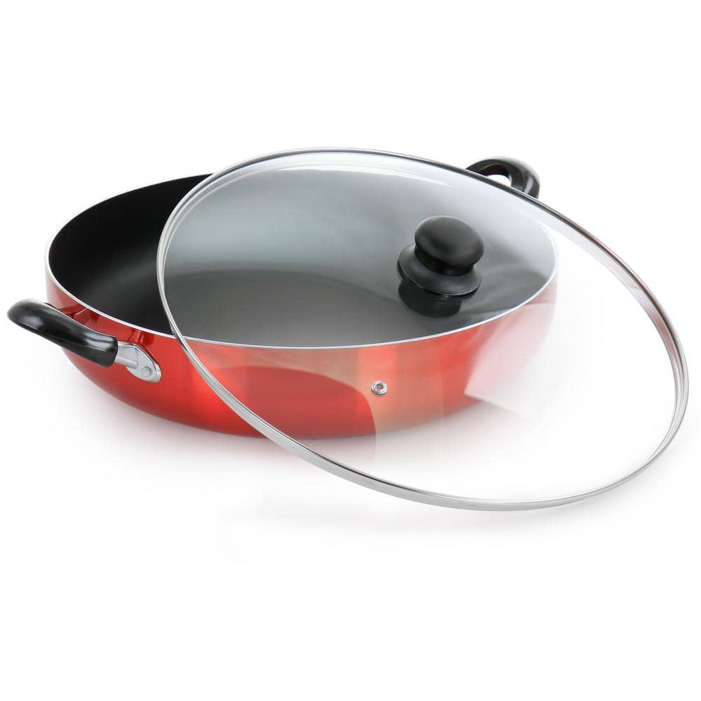 16 in. Red Aluminum Deep Fryer Frying Pan with Glass Lid - Hercitys