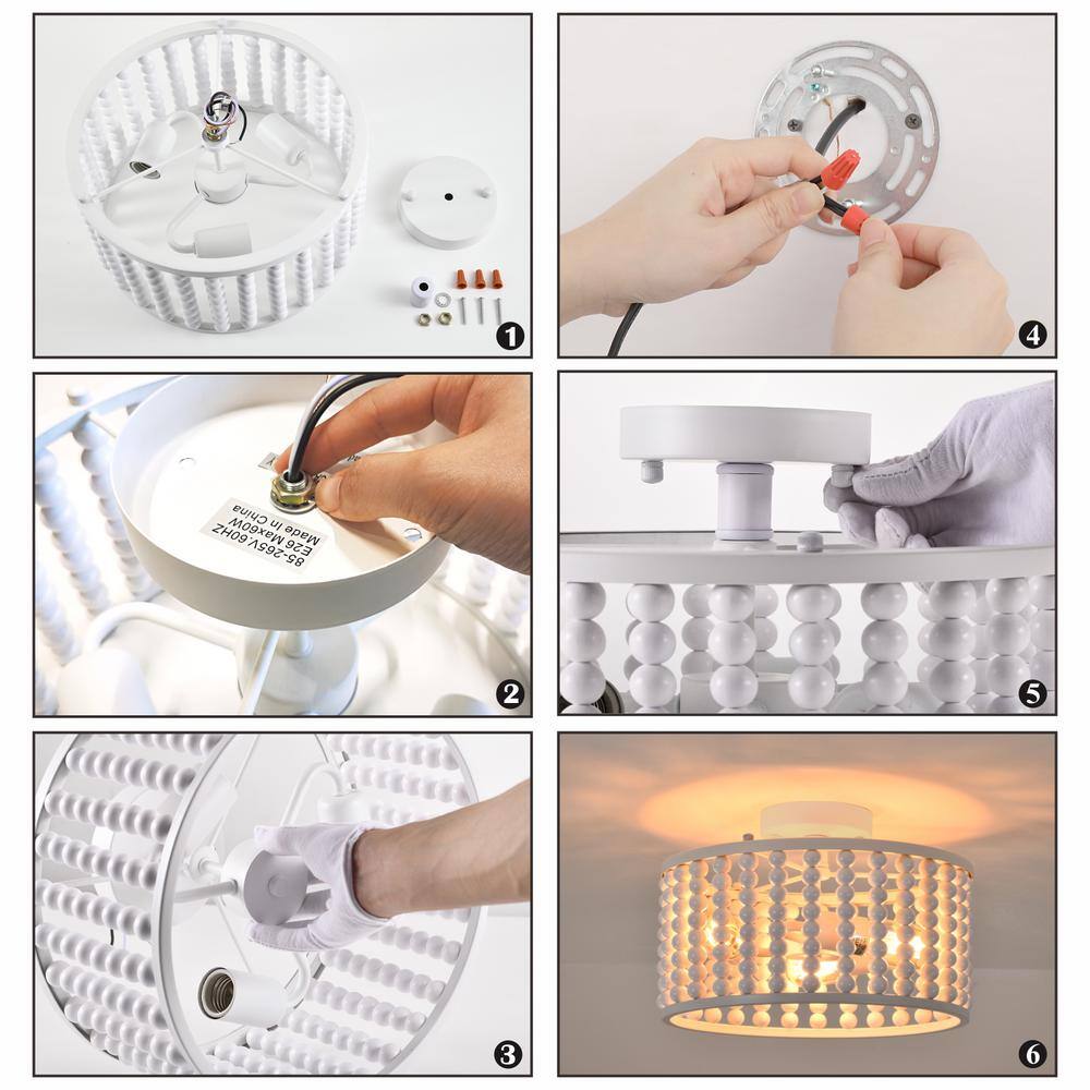 12.8 in. 3-Light White Semi Flush Mount Round Ceiling Light Fixture with Wood Bead and No Bulbs Included - Hercitys