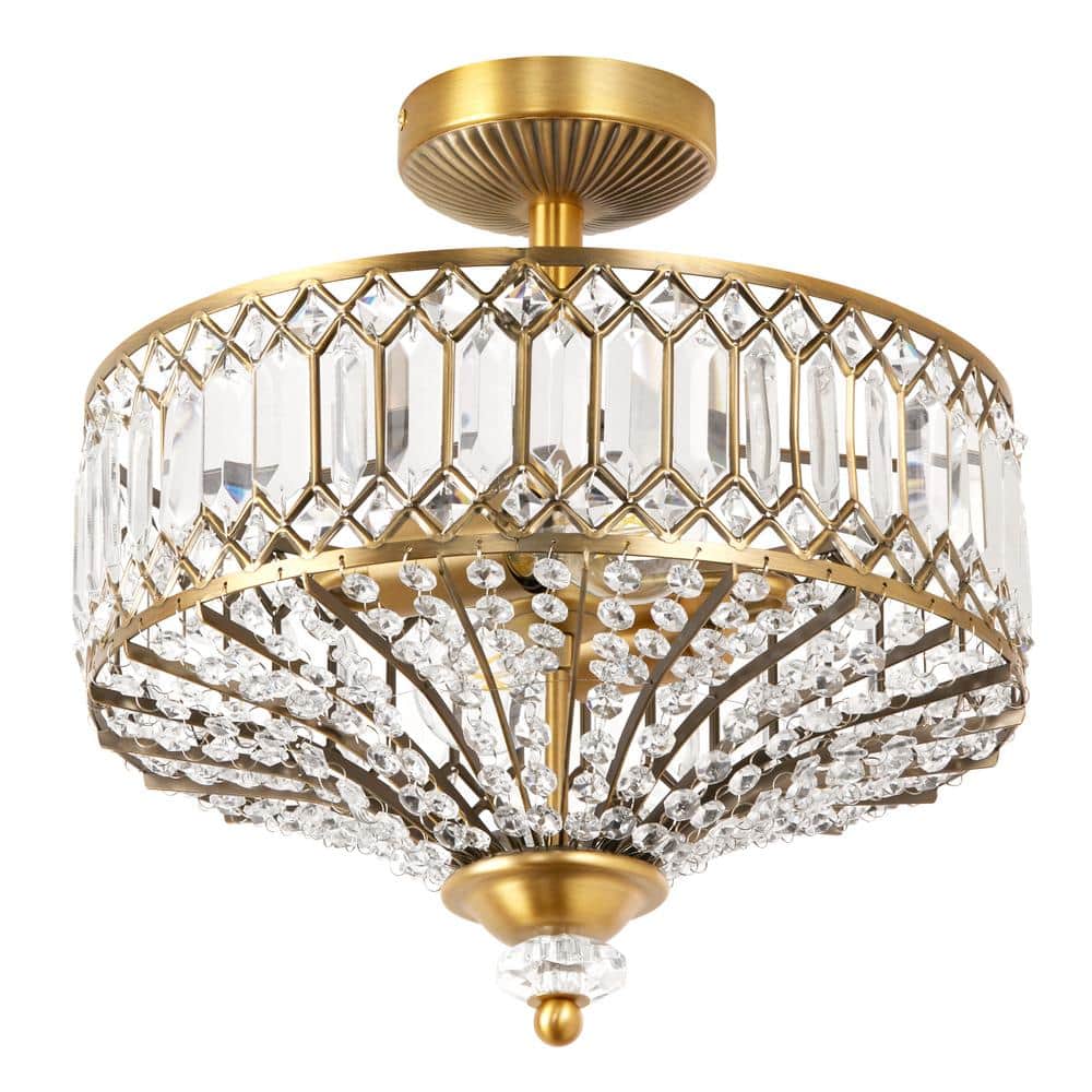 14.75 in. 2-Light Gold Semi-Flush Mount-Light with Tiered Jeweled Glass - Hercitys