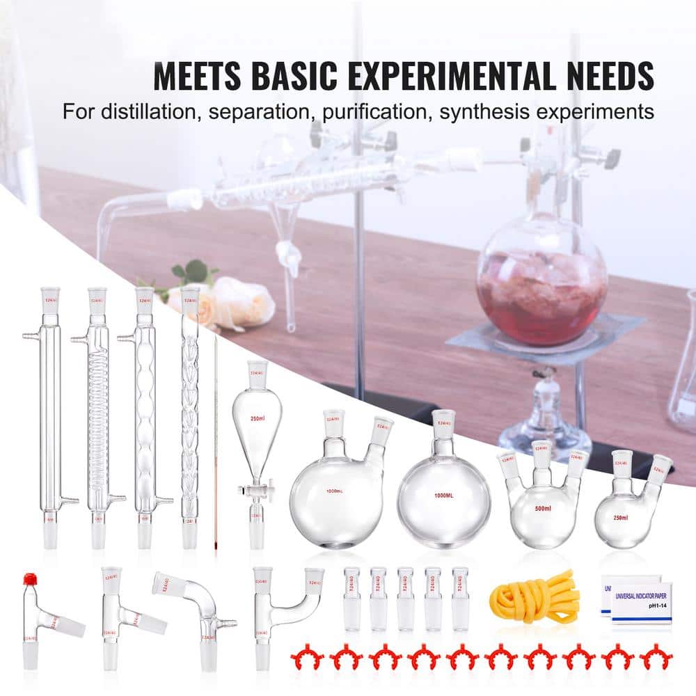 3.3-Boro Lab Distillation Kit, 24/40 Joint Essential Oil Distillation Apparatus 1000ml Glassware Set 32-Pieces Equipment - Hercitys