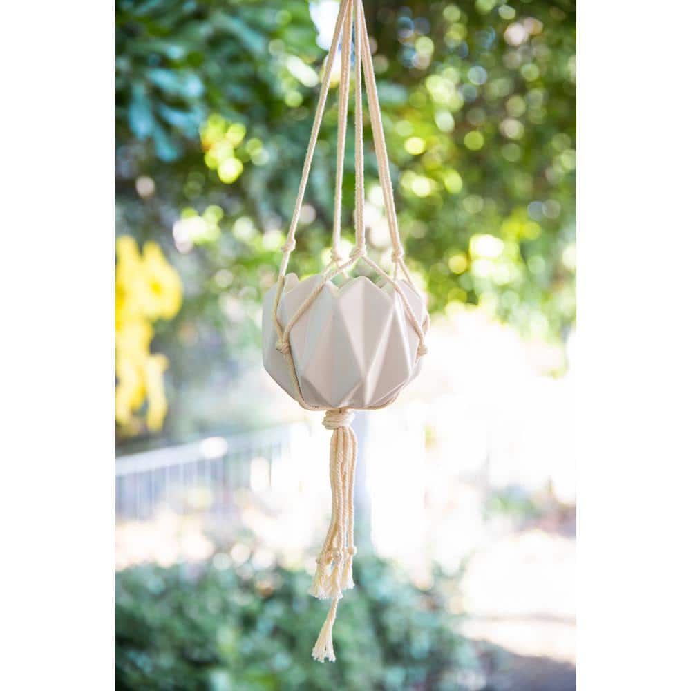 5 in. Matte White Ceramic Macrame Hanging Planter - Hercitys