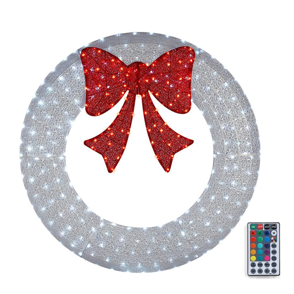 5 ft. White Pre-lit Outdoor Large Wreath LED Artificial Christmas Garland with Red Bows - Hercitys