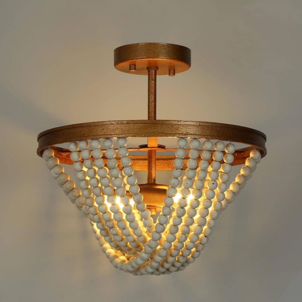 13.8 in. 2-Light Antique Gold Semi-Flush Mount Light with Weathered White Wood Beads - Hercitys