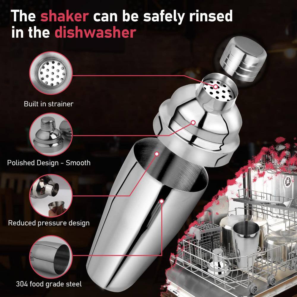 3 in 1 25 oz. Silver Stainless Steel 1-Piece Cocktail Shaker with Measuring Jigger and Mixing Spoon - Hercitys