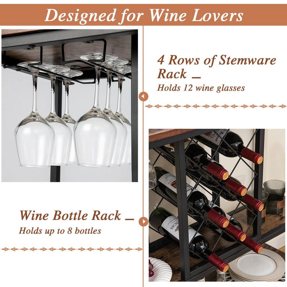 3-Tier Brown Rolling Kitchen Cart Wine Bar Cabinet with 8-Bottles Rack and 12-Glasses Hanger - Hercitys