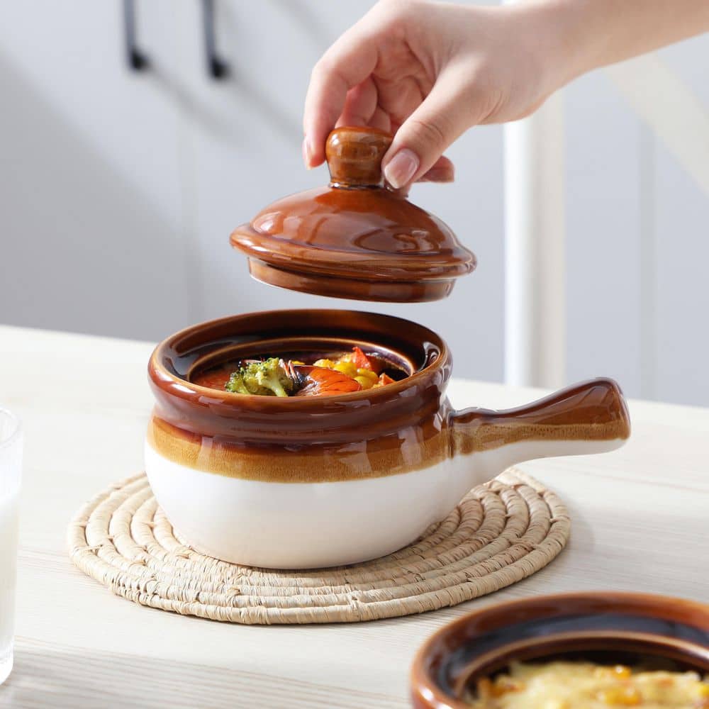 16 fl. oz. Brown and White Stoneware French Onion Soup Bowls Set of 4 Small Serving Bowls with Lid and Handle - Hercitys