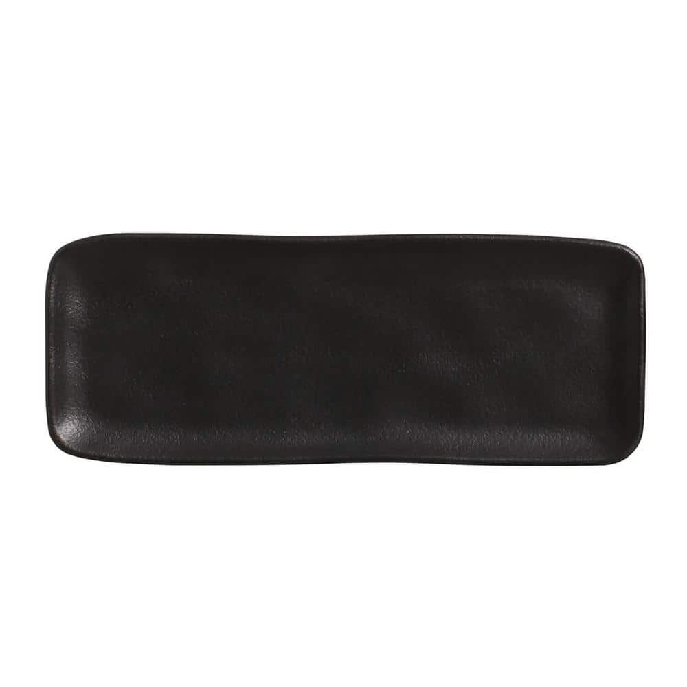 12.99 in. Matte Black Stoneware Rectangular Platter Medium Organic (Set of 4) - Hercitys