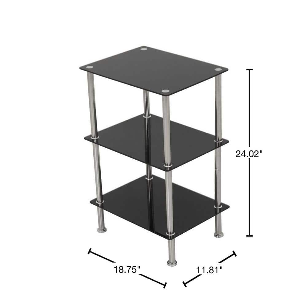 15.7 in. W x 11.8 in. D Small 3-Tier Shelving Unit in Black Glass and Chrome - Hercitys