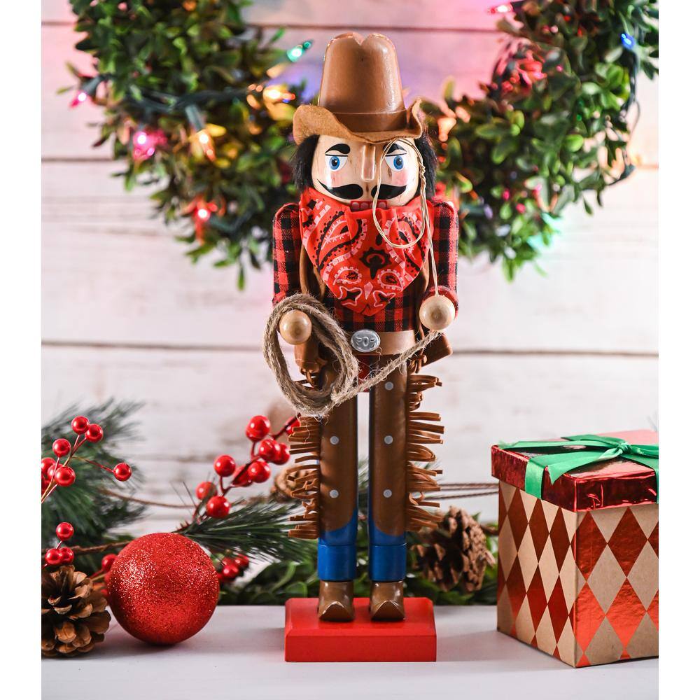 14 in. Wooden Christmas Western Cowboy Nutcracker – Brown and Red Nutcracker Cowboy with Lasso Holiday Decor - Hercitys