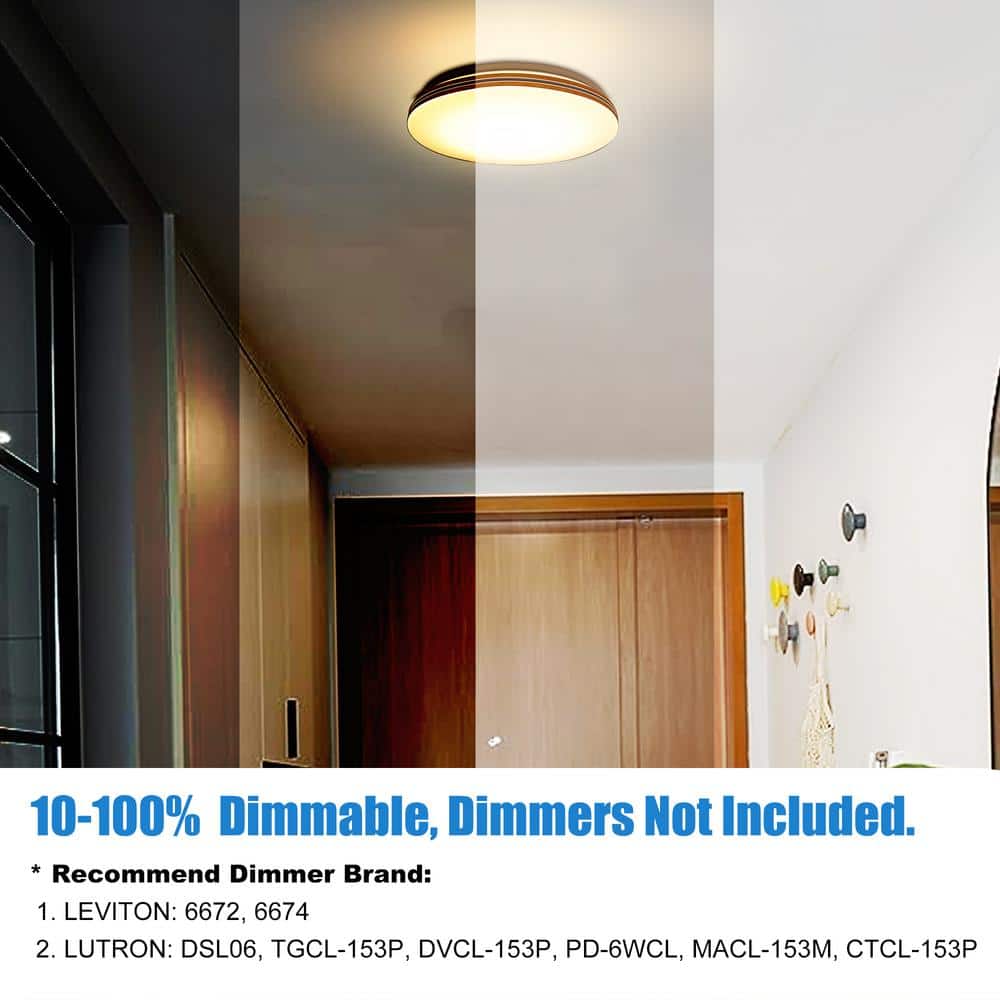 11.5 in. Round White with Faux Wood-Grain Trim Adjustable CCT 3000K/4000K/5000K Dimmable Flush Mount Light Fixture - Hercitys
