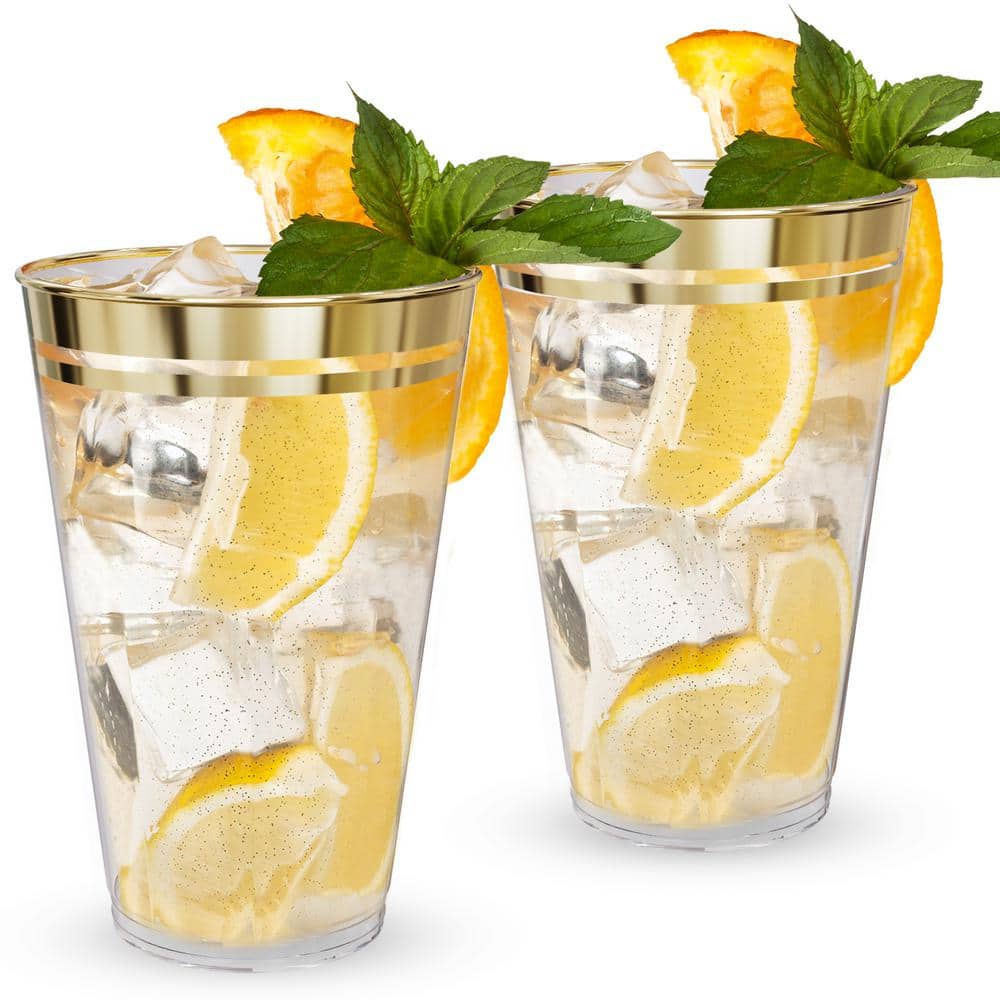 12 oz. 2-Line Gold Rim Gold Glitter Disposable Plastic Cups, Party, Cold Drinks, (100/Pack) - Hercitys