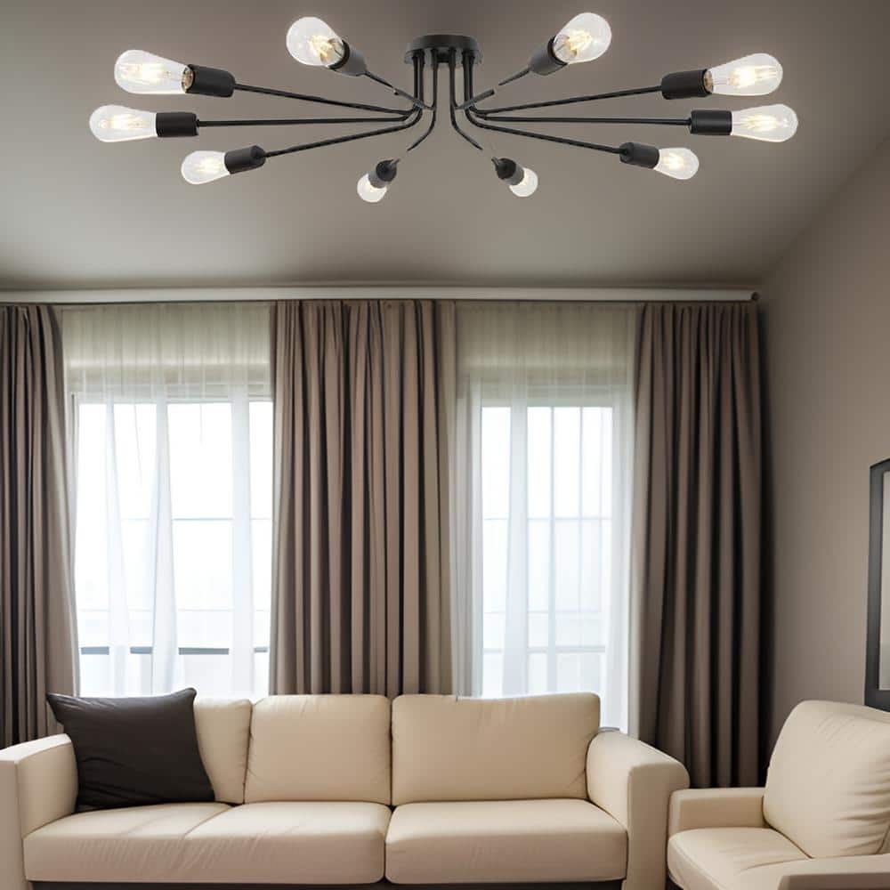 44.5 in. W 10-Light Black Sputnik Chandelier Semi Flush Mount Ceiling Light Fixture, E26, No Bulbs - Hercitys