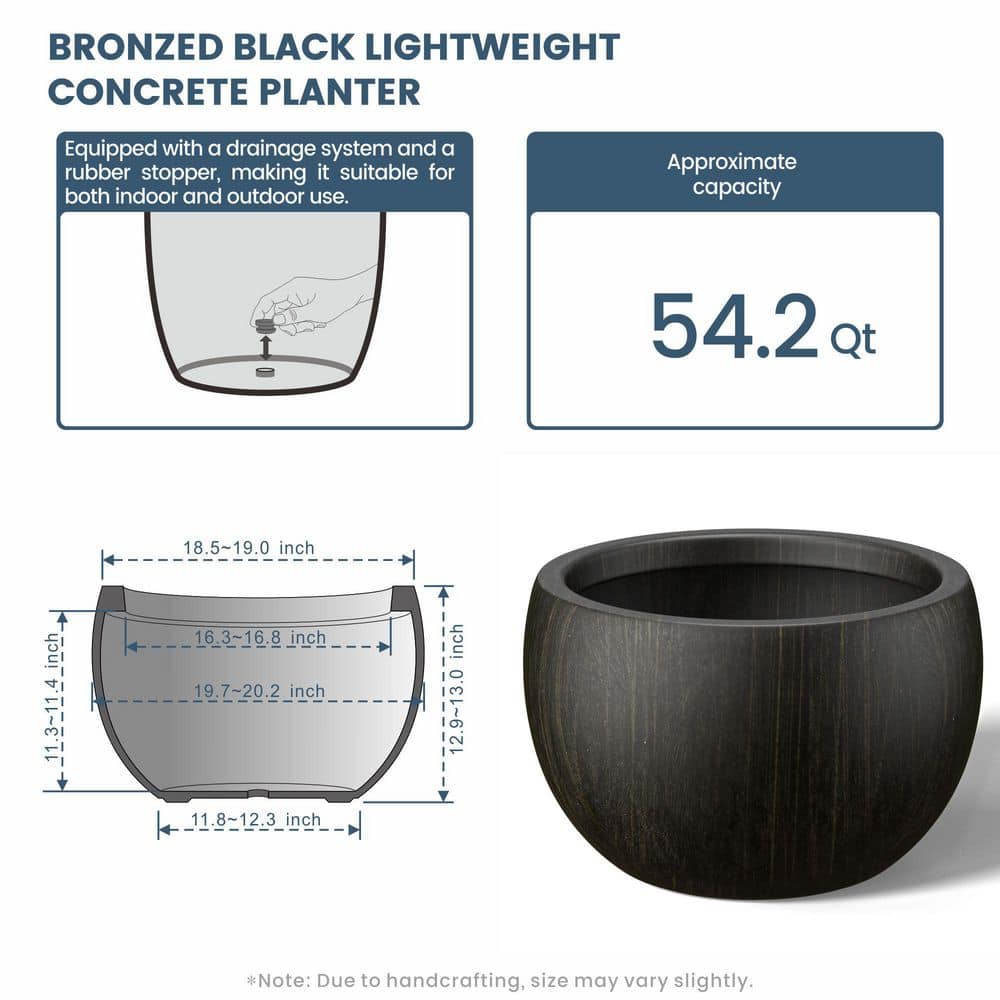 19 in. Large Bronzed Black Concrete Round Planter / Pot with Drainage Holes - Hercitys