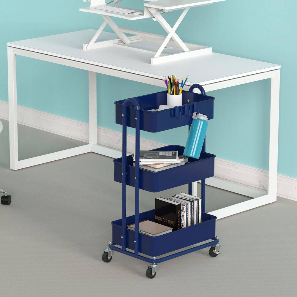 3-Tier Metal -Wheeled Utility Cart in Navy - Hercitys