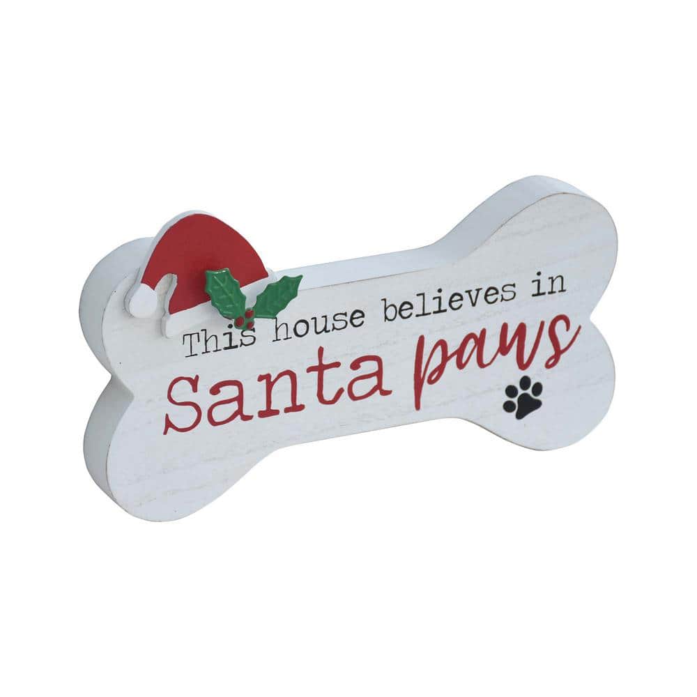 5.25 in. Wood This House Believes in Santa Paws Dog Bone Shaped Christmas Tabletop Sign - Hercitys