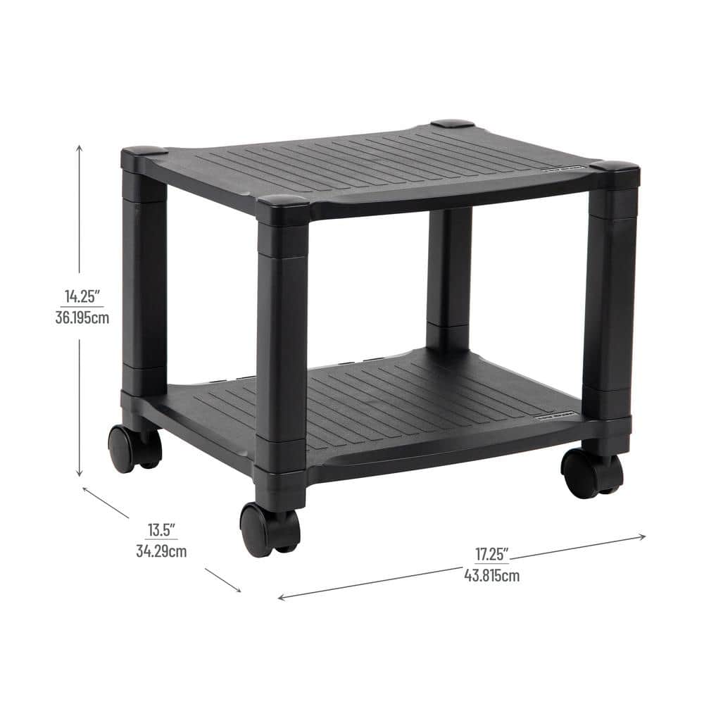 2-Tier Plastic 4-Wheeled Rolling Printer Utility Cart 17.25 in. L x 13.5 in. W x 14.25 in. H, Black - Hercitys