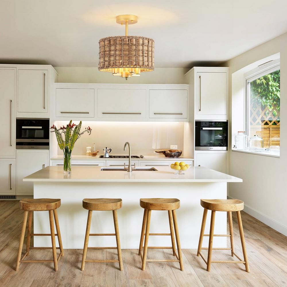 11.81 in. 4-Light Gold Drum Natural Rattan Seagrass Semi Flush Mount Ceiling Light Fixtures with No Bulbs Included - Hercitys