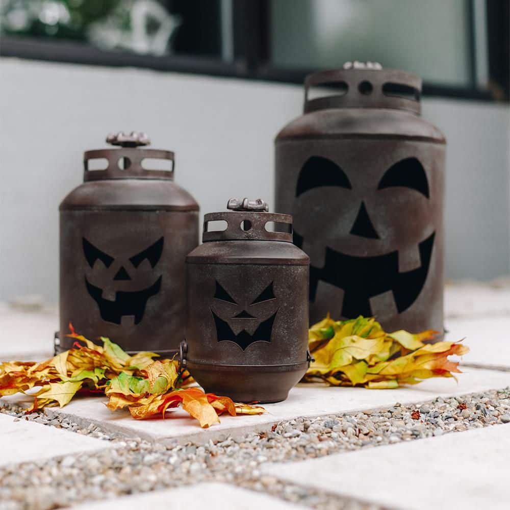 14 in. Halloween Patina Pumpkin Lanterns – Replica Propane Lanterns (Set of 3) - Hercitys