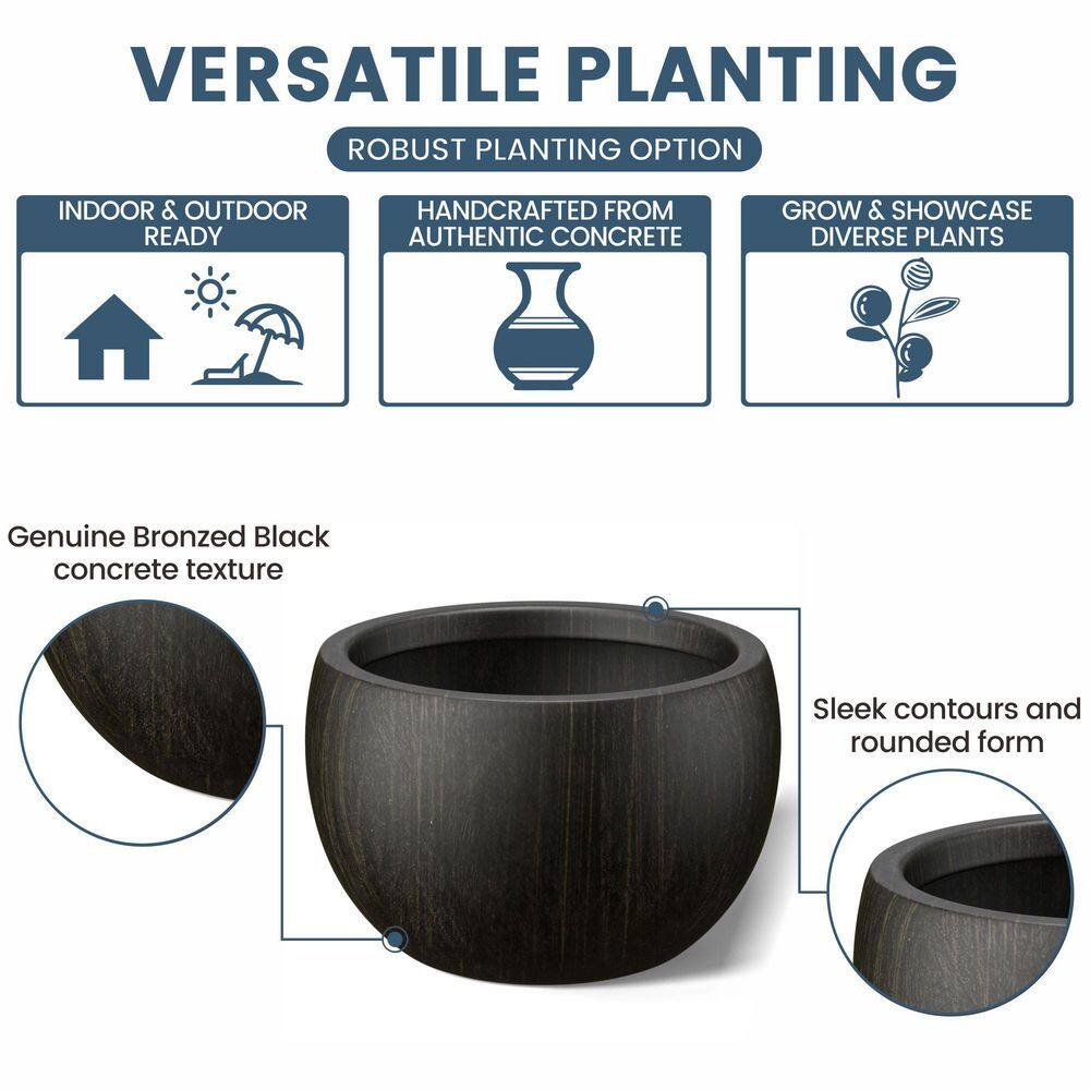 19 in. Large Bronzed Black Concrete Round Planter / Pot with Drainage Holes - Hercitys